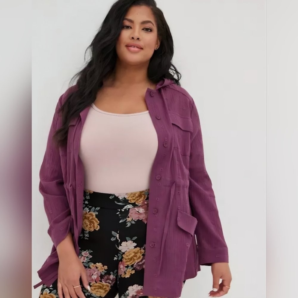 Torrid Size 0 (LARGE/12) Purple Utility Jacket Button Down With Hood 100% Cotton